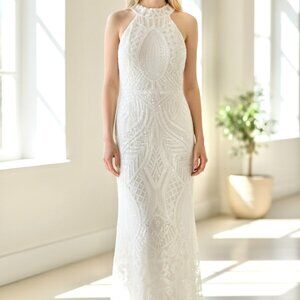 Sequin Cold-Shoulder Evening Gown with Stretch & Back Zipper